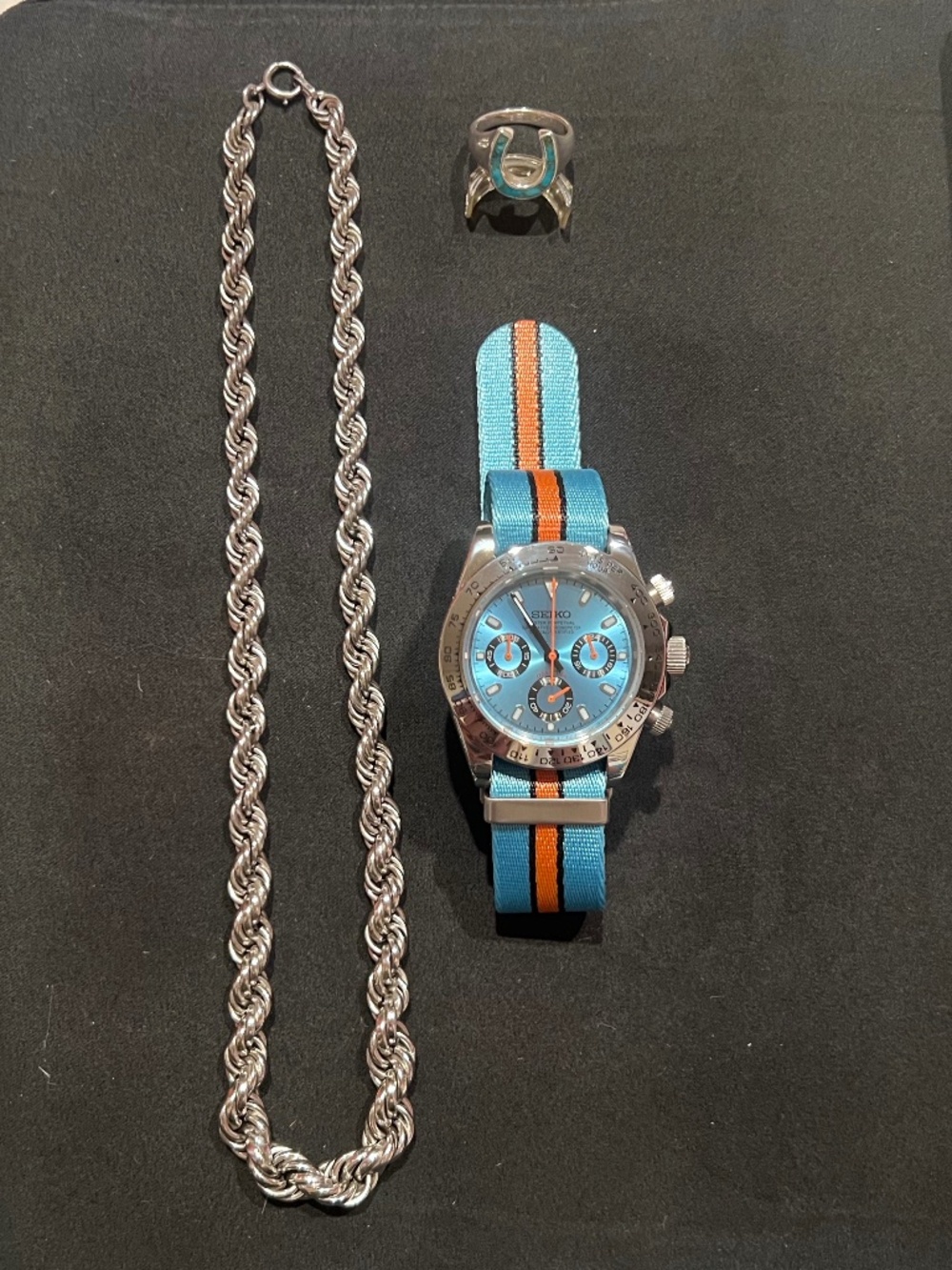 Seiko Watch Mod Daytona 925 Silver Rope Necklace Chain 925 Turquoise Stone Ring